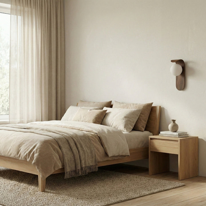 Round Wooden Wall Lamp with Spherical Light Point