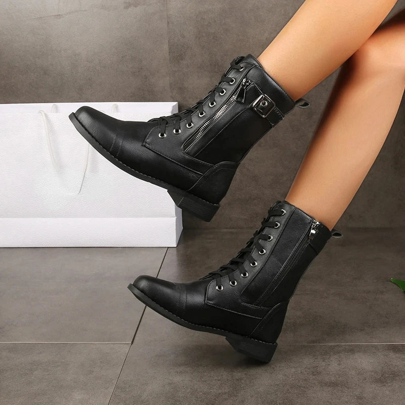 Women's Mid-Calf Boots with Lace-Up & Side Zipper
