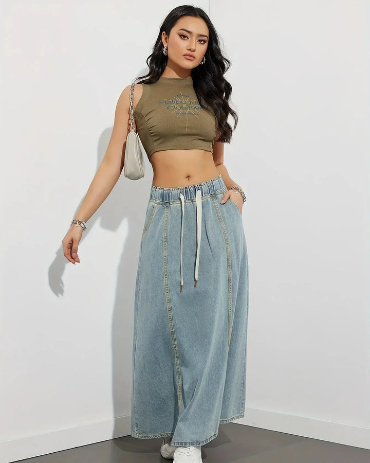 Maxi Skirt for Women with Elastic Waist, Drawstring, and Side Pockets Denim Blend, view 4 - Elena Harper