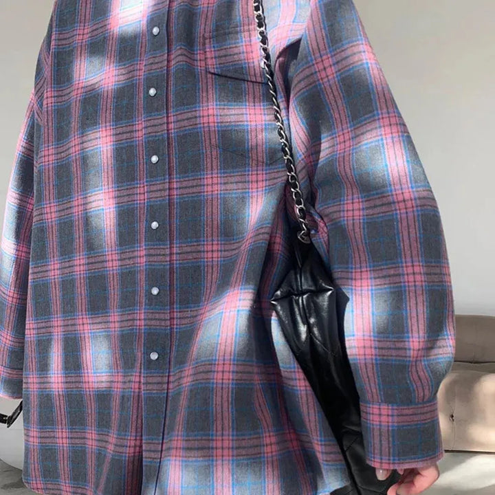 Women's Oversized Winter Checkered Shirt with Brushed Finish, view 9 - Elena Harper