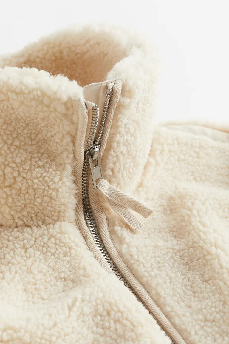 Loose Front-Zip Plush Coat for Women with Structured Lapel - Eirene