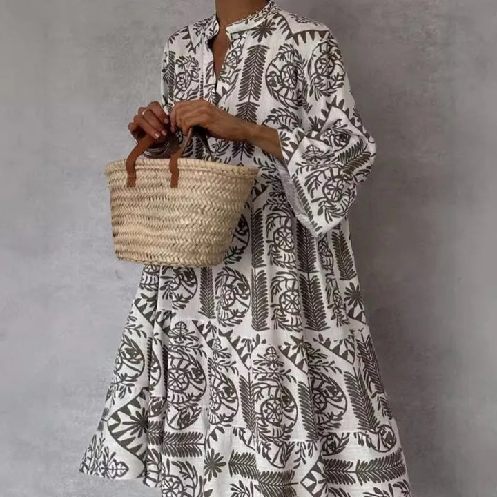 Adeline A-Line Dress with V-Neck Print - Elena Harper