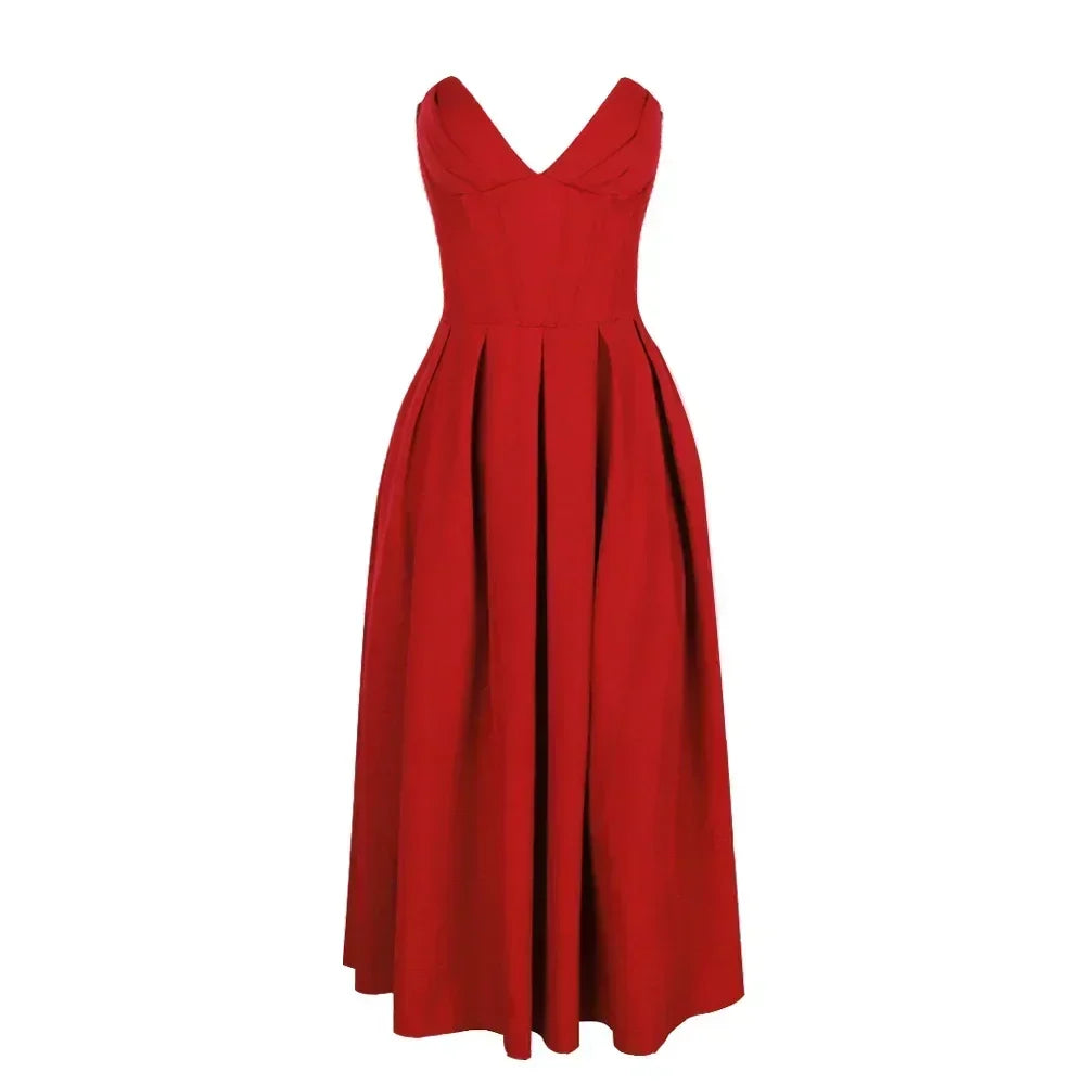 Aria Sleek Strapless Pleated Midi Dress - Elena Harper
