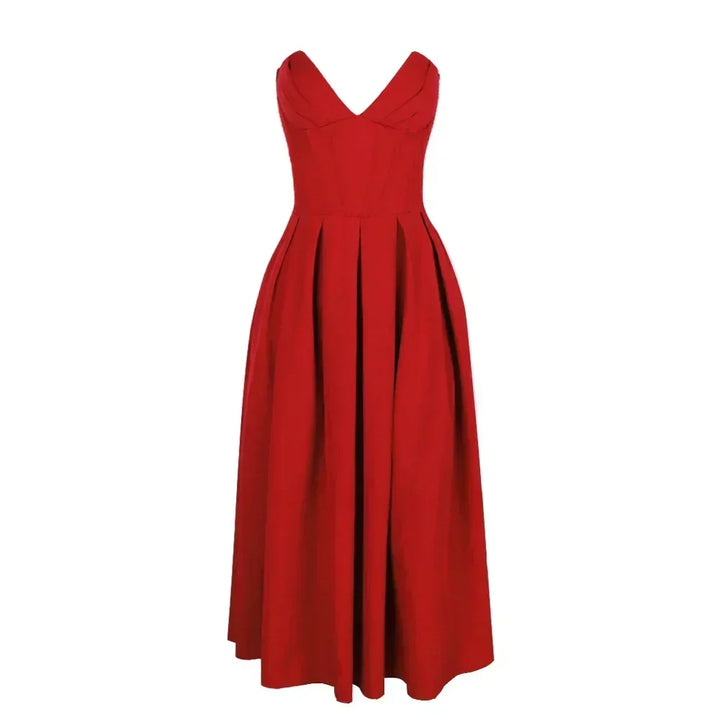 Aria Sleek Strapless Pleated Midi Dress - Elena Harper