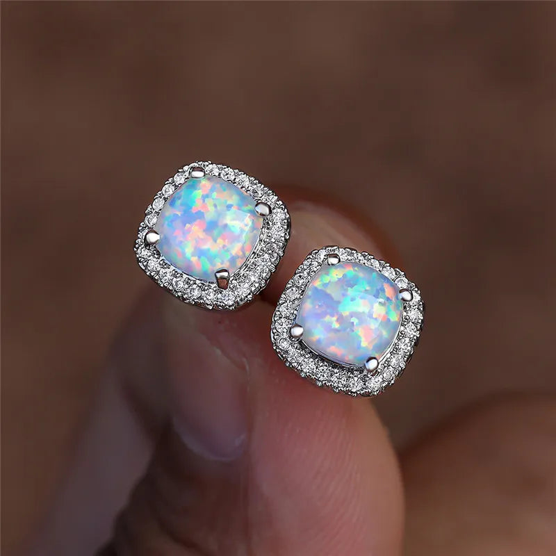 Elegant Silver Round White Fire Opal Stud Earrings