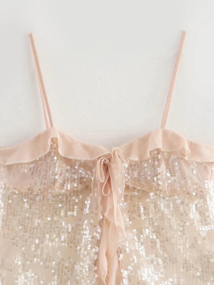 Festive Sequin Women's Top with Bow Closure and Ruffles
