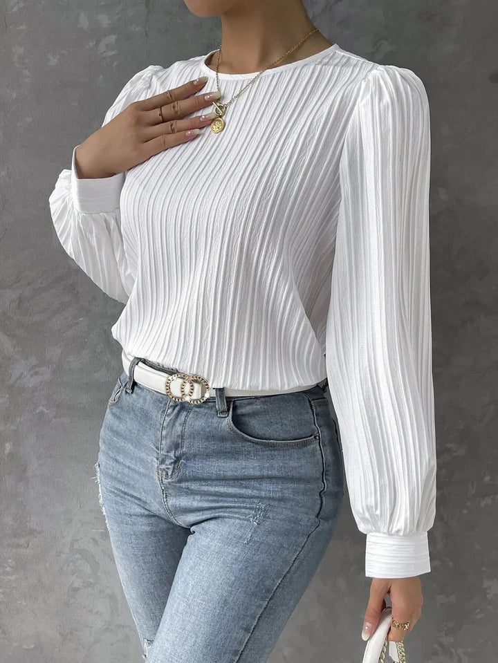 Textured Women's Blouse with Round Neck Elegant Casual Top with Puff Sleeves, view 6 - Elena Harper