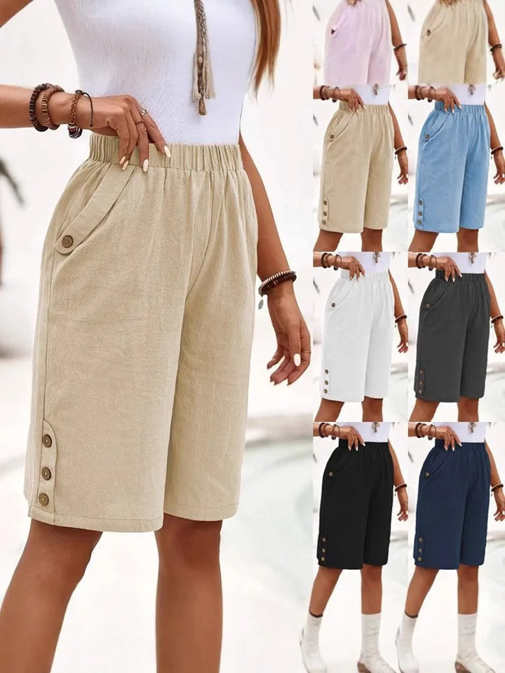 Ackea Linen Shorts with Button Placket, view 7 - Elena Harper