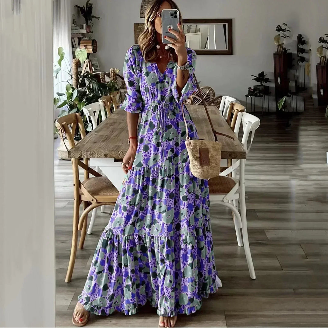 Liora V-Neck Printed Swing Maxi Dress - Elena Harper