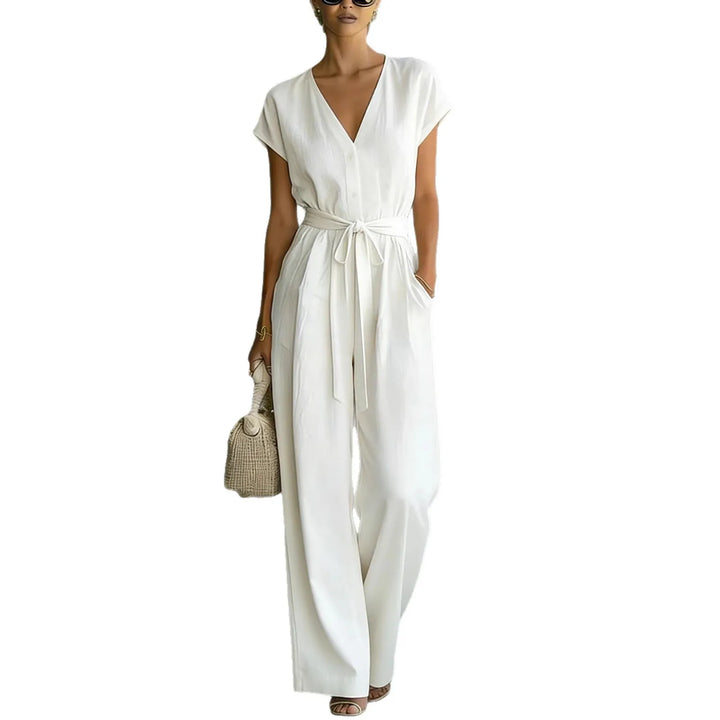 Women's V-Neck Jumpsuit with Belt and Wide Pants