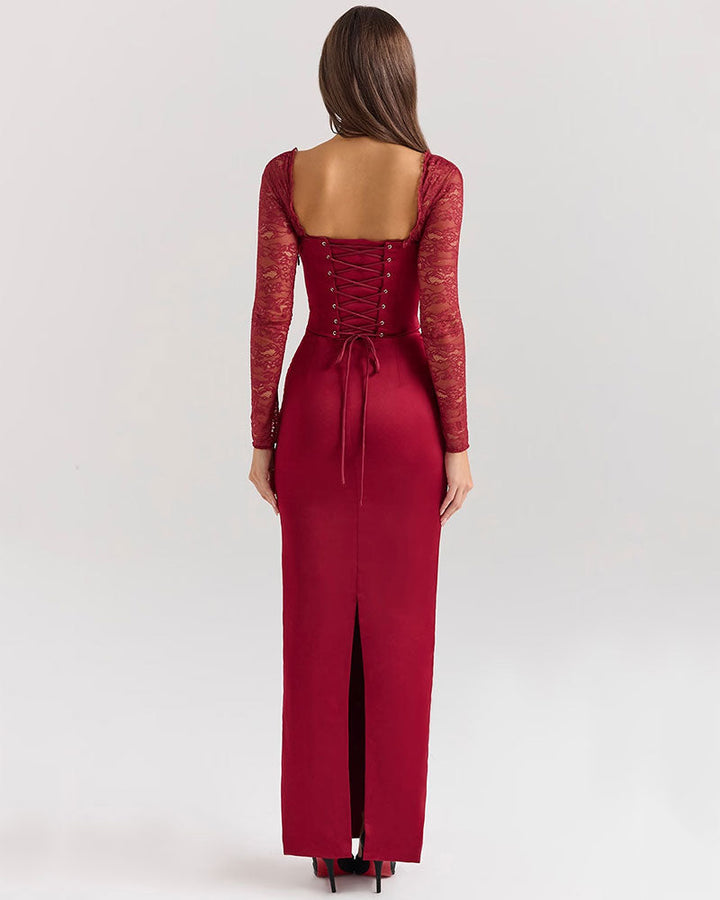 Florence - Long Sleeve Maxi Dress in Wine Red with Lace
