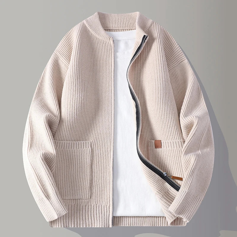 Archer Ribbed Knit Jacket with Zip Front and Roomy Pockets for Men - Elena Harper