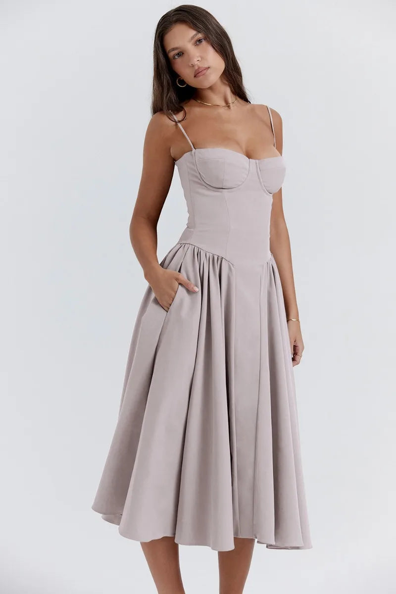 Women's Elegant Sleeveless Corset Midi Dress - Party & Gala Ready