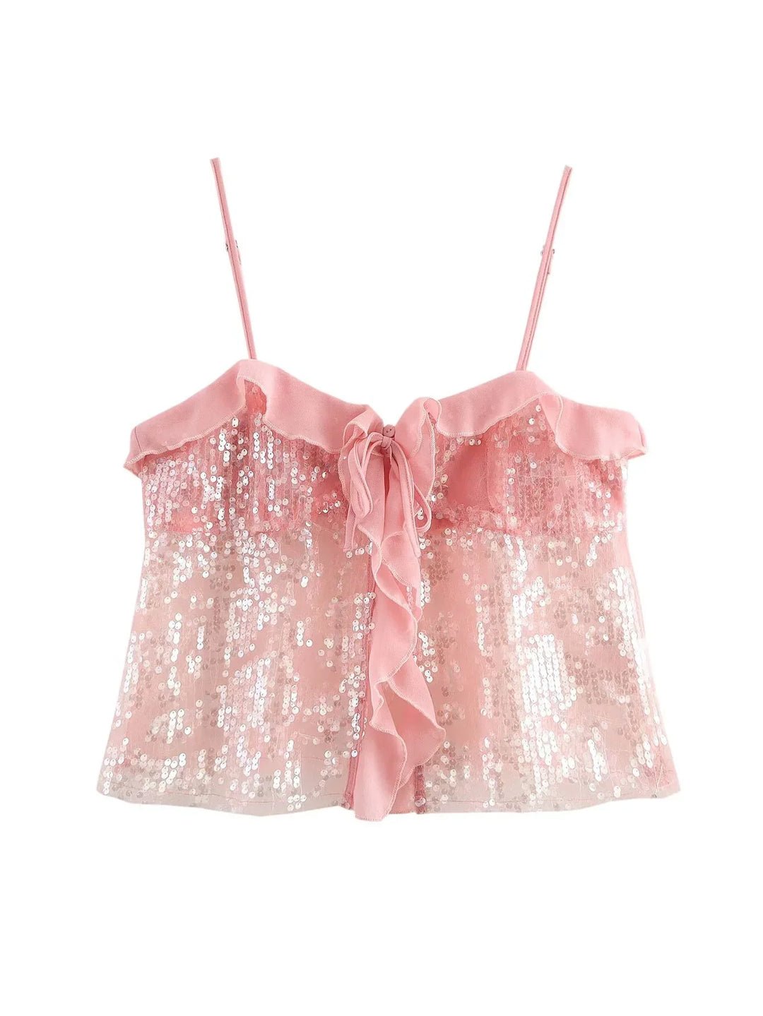 Festive Sequin Women's Top with Bow Closure and Ruffles
