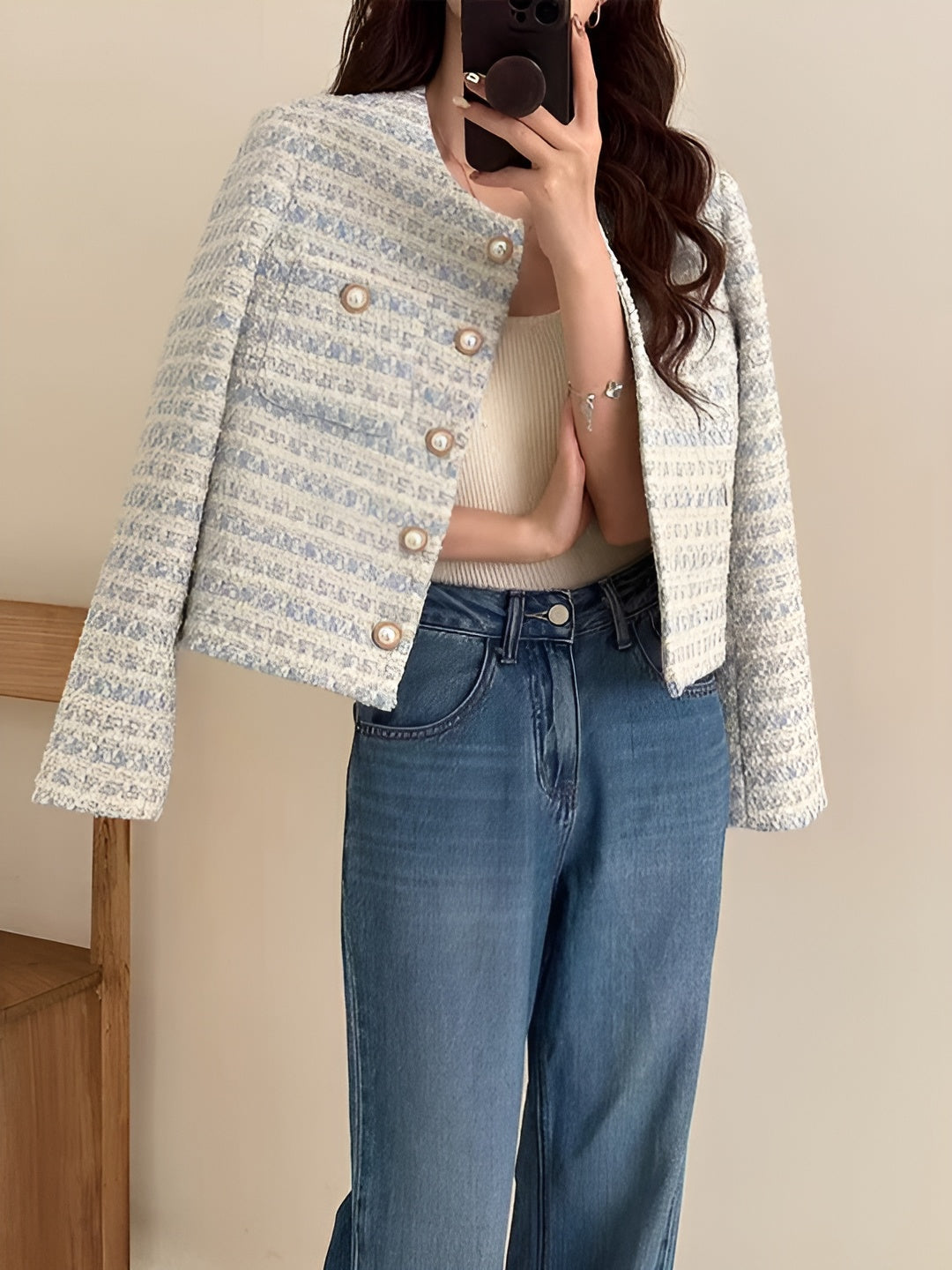 Women's Short Structured Blazer Textured Fabric Elegant Daily Style