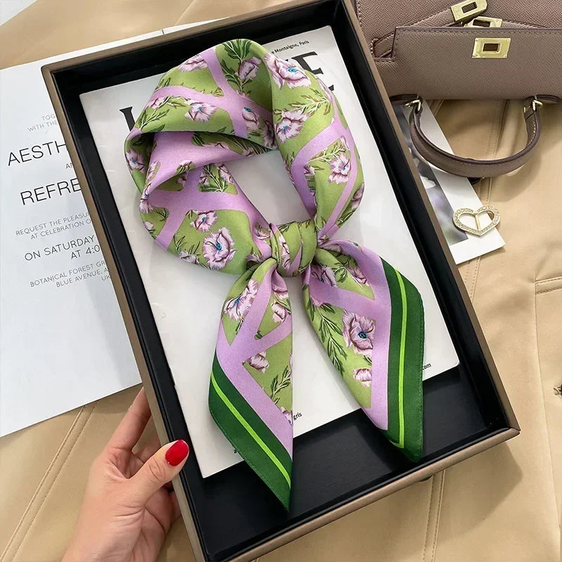 Printed Satin Square Scarf for Women - Hair and Bag Accessory
