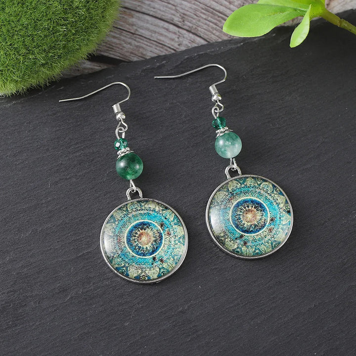 Boho Mandala Glass Disc Drop Earrings - Elena Harper