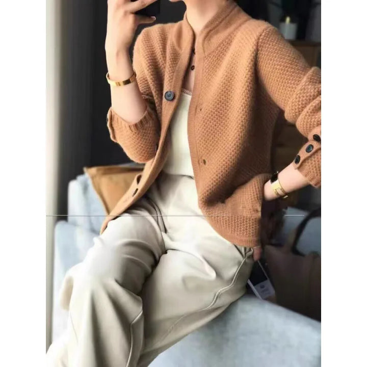 Elara | Structured Knit Cardigan with Modern Stand Collar for Women