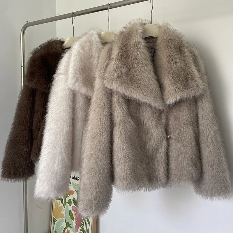 Corinne Faux Fur Coat with Oversized Shawl Collar for Women - Elena Harper