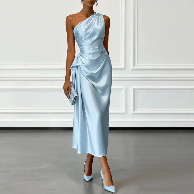 Women's Elegant One-Shoulder Draped Ruched Midi Dress