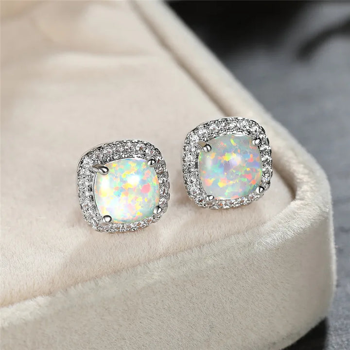 Elegant Silver Round White Fire Opal Stud Earrings