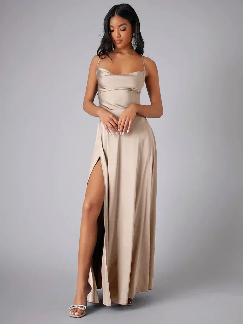 Satin Evening Dress for Women with Open Back and Slit - Elegant and Glamorous