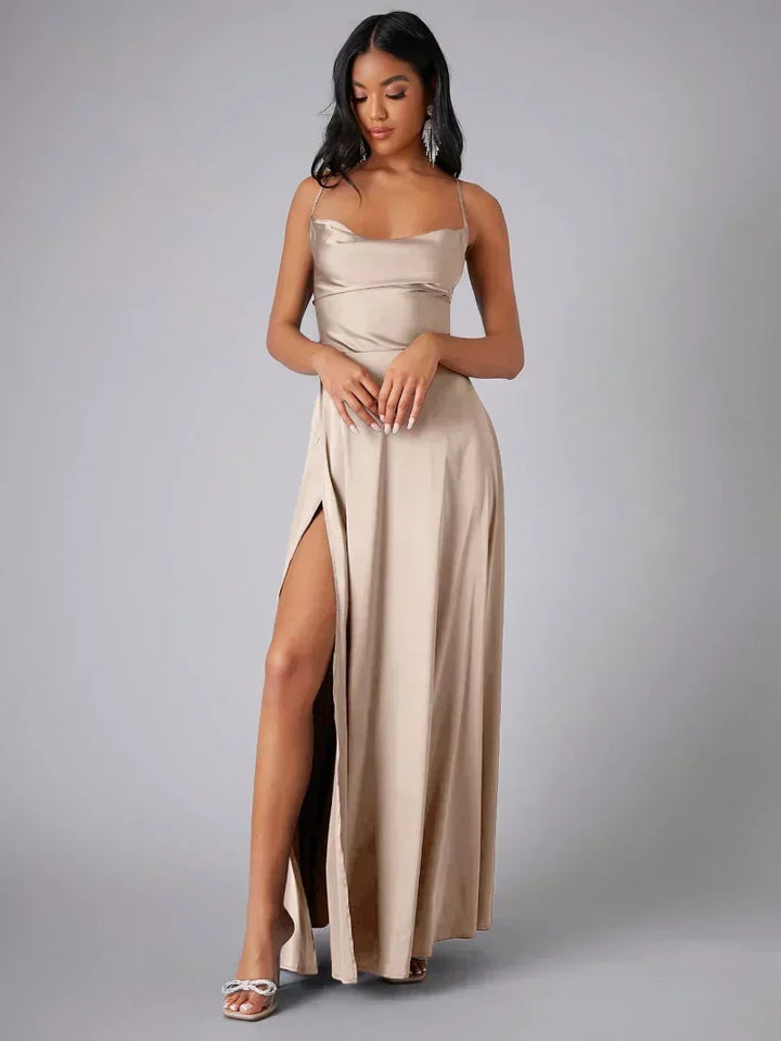 Satin Evening Dress for Women with Open Back and Slit - Elegant and Glamorous