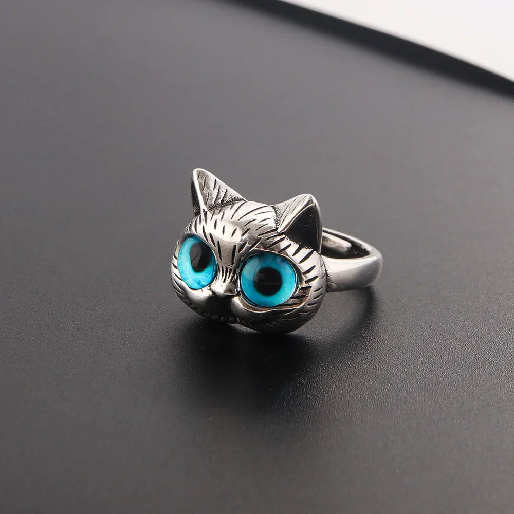 Blue-Eyed Cat Ring Playful Vintage Silver Animal Ring for Cat Lovers, view 2 - Elena Harper