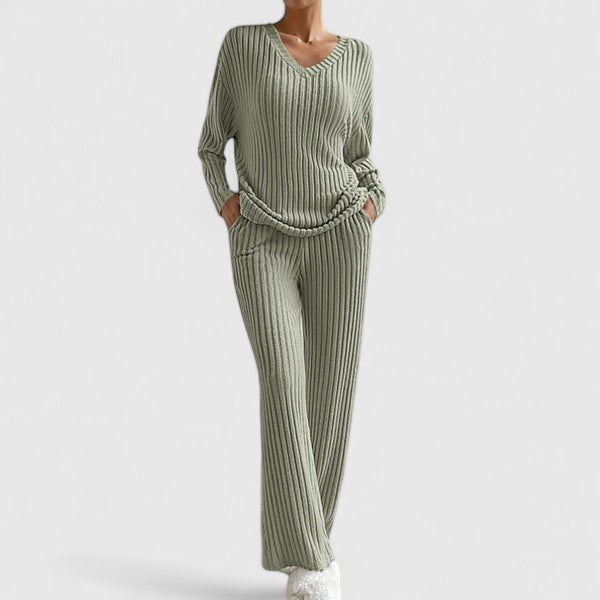 Sabina | Women's Lounge Set with Ribbed Knit and Wide Pants
