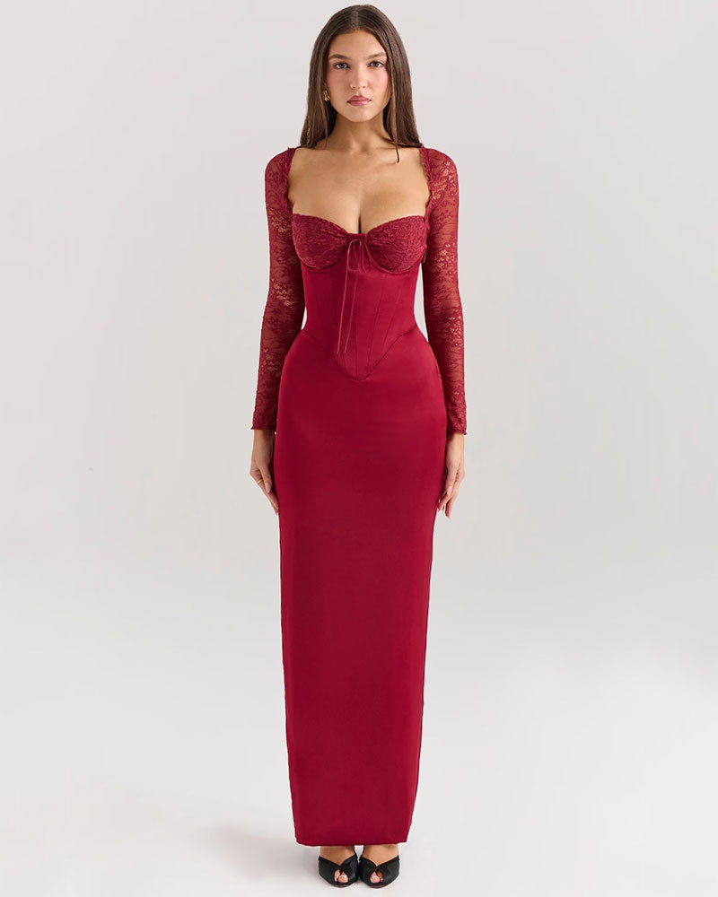 Florence - Long Sleeve Maxi Dress in Wine Red with Lace