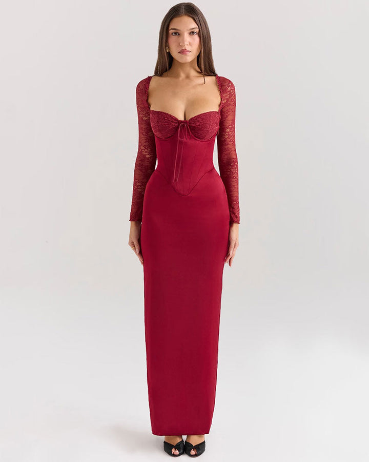 Florence - Long Sleeve Maxi Dress in Wine Red with Lace