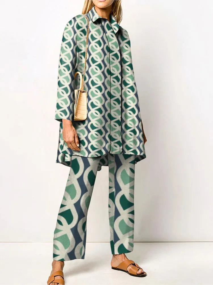 Elegant Vintage Two-Piece Set for Women – Trendy Blouse and Pants