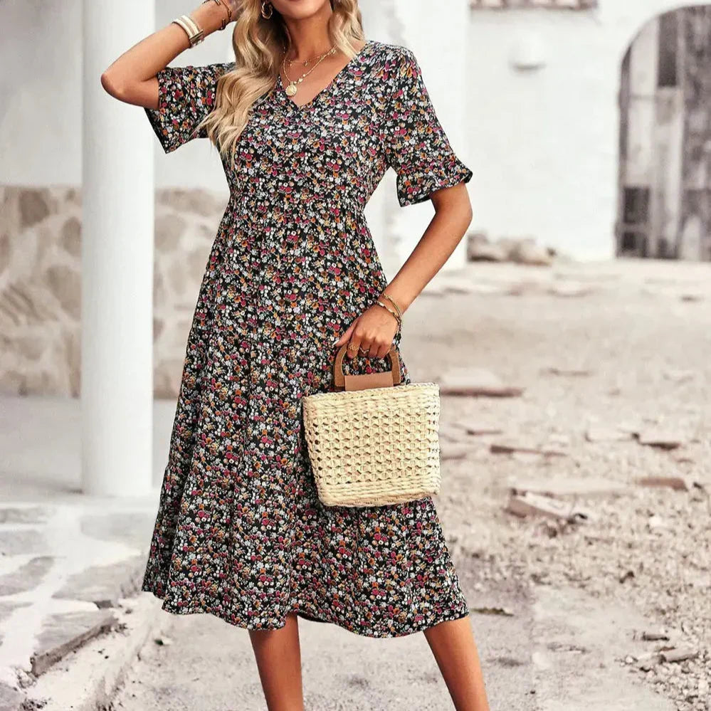 Layla™ - Elegant V Neck Printed Dress