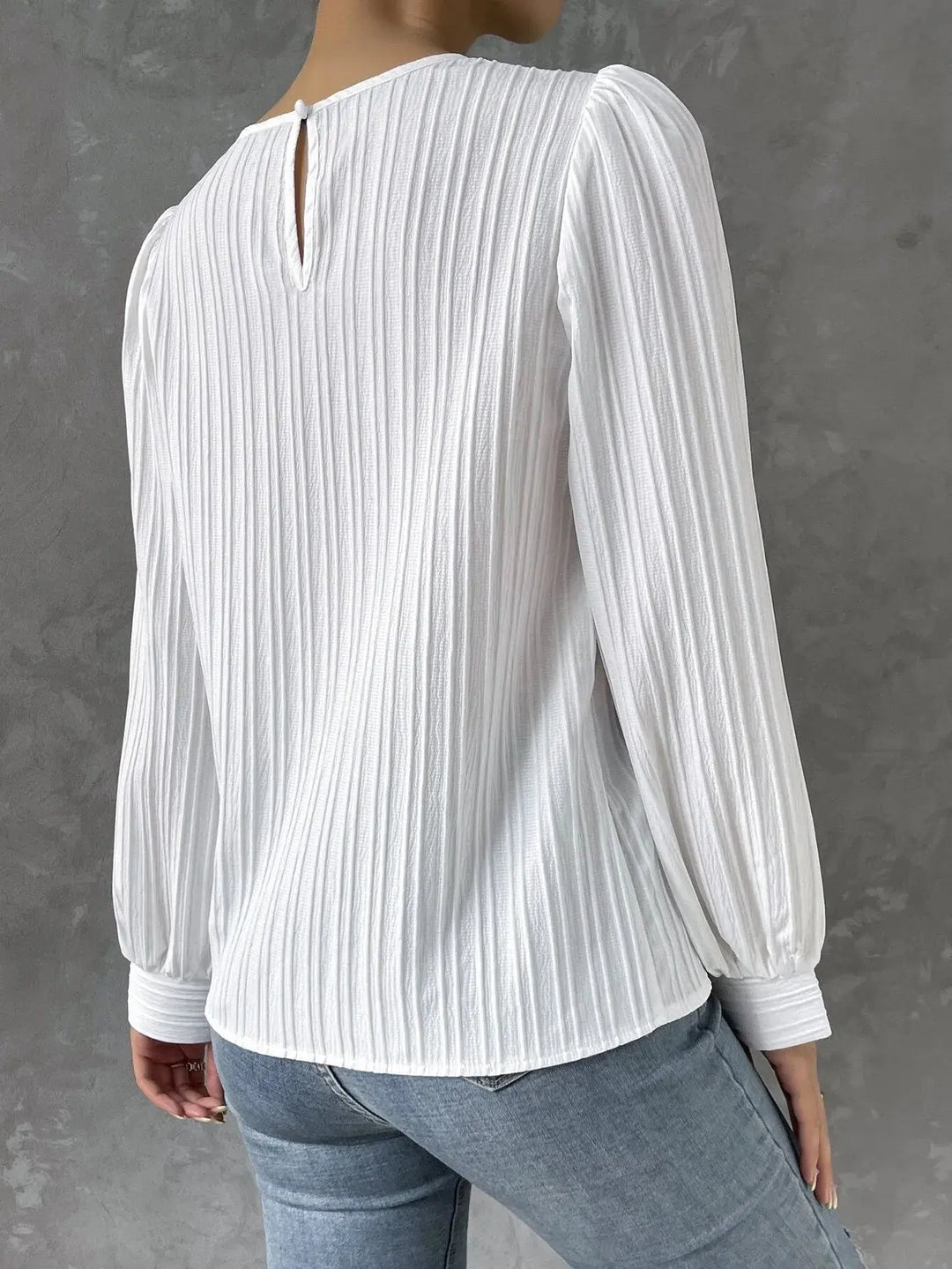 Textured Women's Blouse with Round Neck Elegant Casual Top with Puff Sleeves, view 3 - Elena Harper