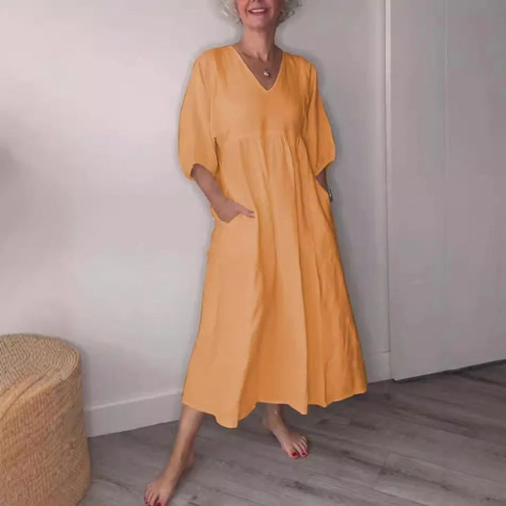 Eeva Casual Midi Dress with V-Neck and Pockets - Elena Harper