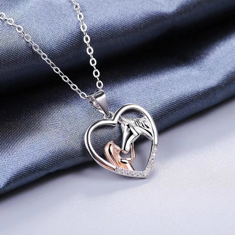 Beautiful Heart Zircon Girl and Horse Necklace, view 2 - Elena Harper