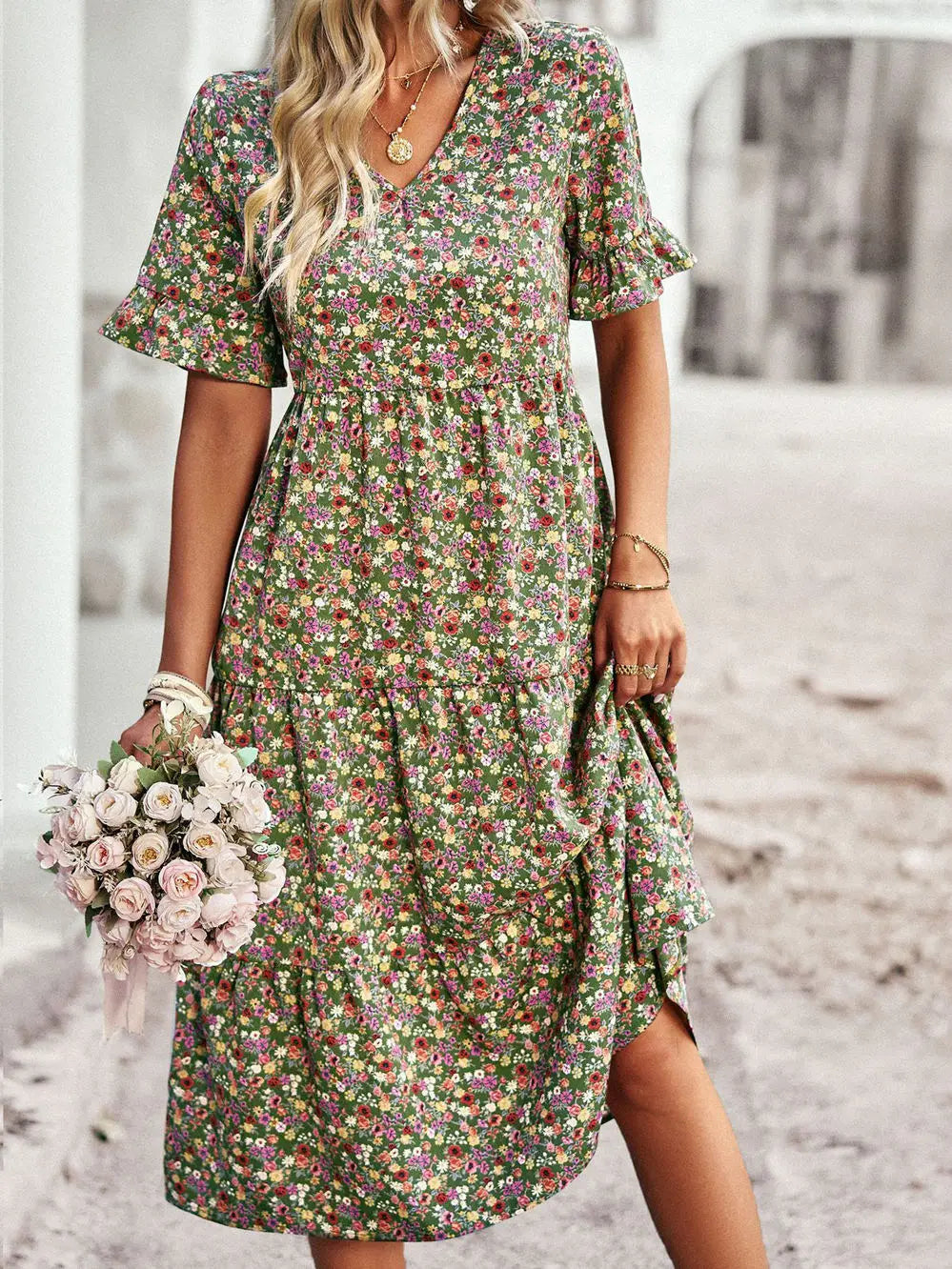 Layla™ - Elegant V Neck Printed Dress