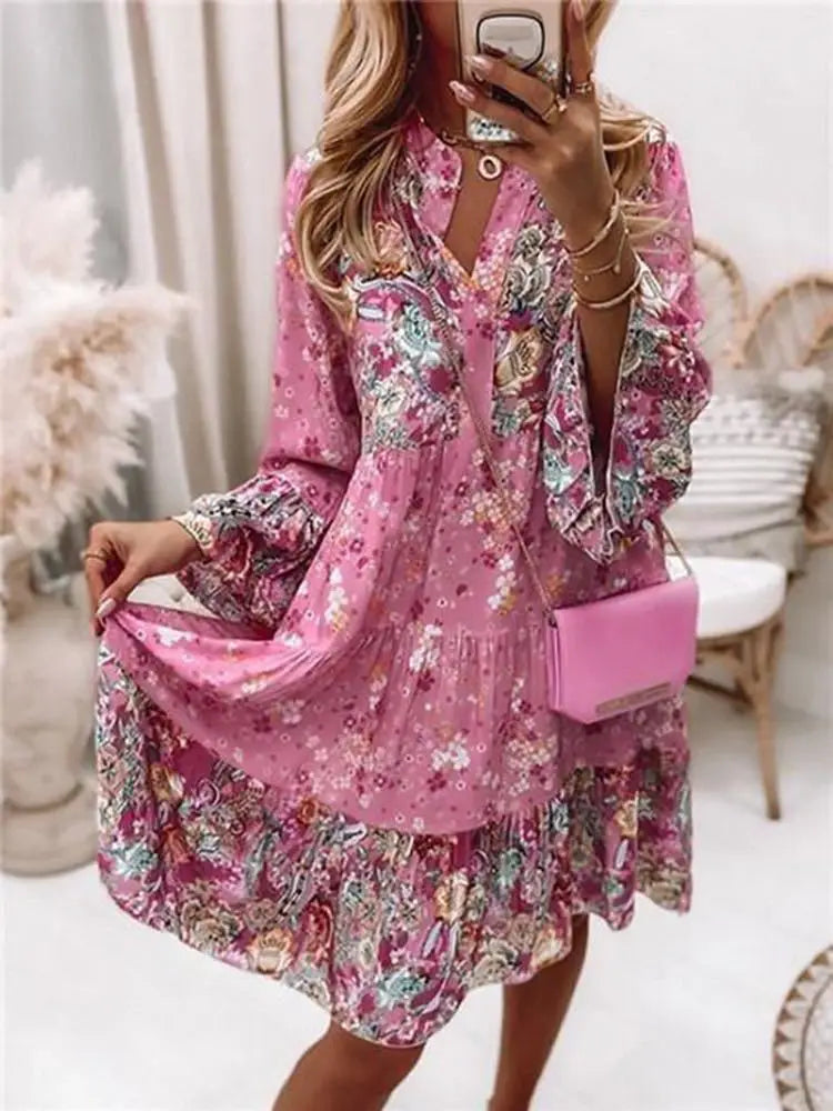 Helena- Floral V-Neck A-Line Dress - Elena Harper
