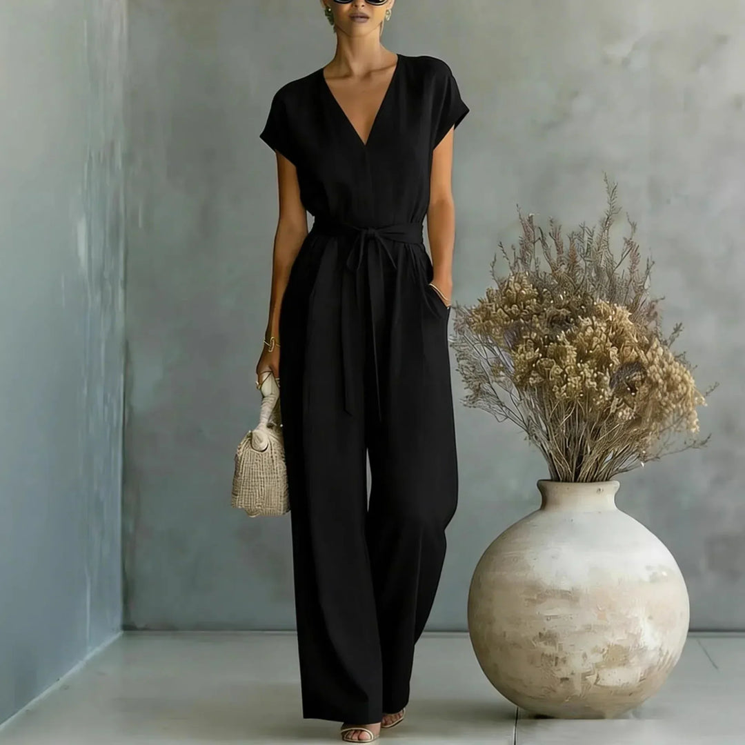 Women's V-Neck Jumpsuit with Belt and Wide Pants