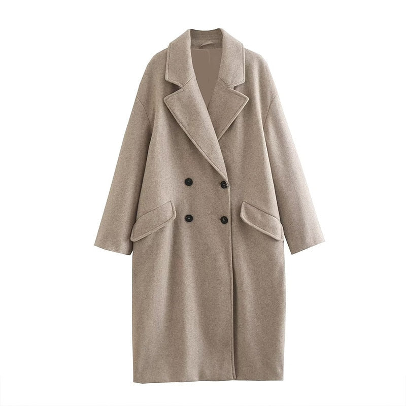Premium Wool Long Coat for Women – Double-Breasted Long Overcoat
