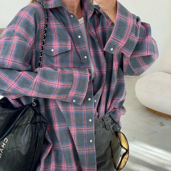 Women's Oversized Winter Checkered Shirt with Brushed Finish, view 6 - Elena Harper