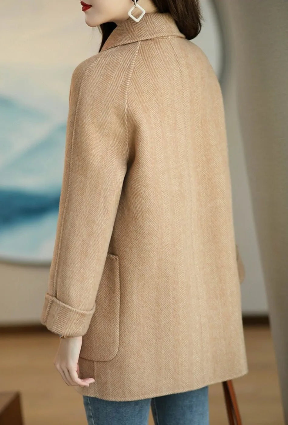 Double-Breasted Premium Wool Autumn Coat with Notched Collar and Oversized Pockets, view 5 - Elena Harper