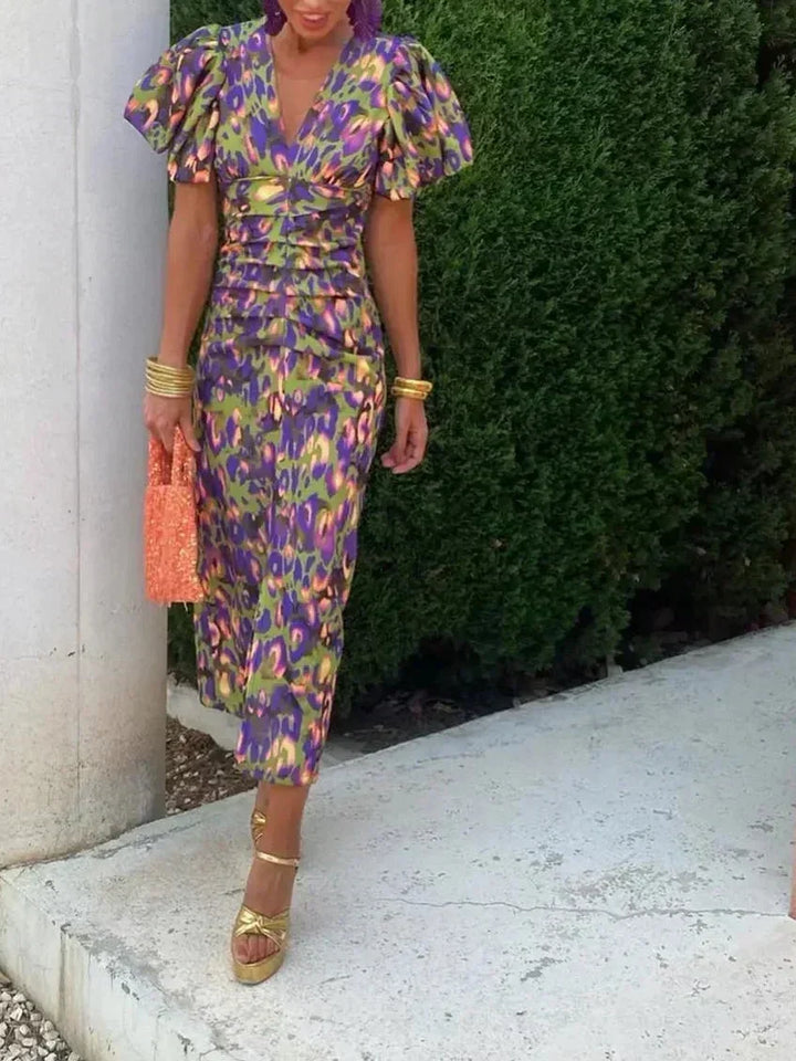 Elegant Midi Dress with Voluminous Sleeves - Elena Harper
