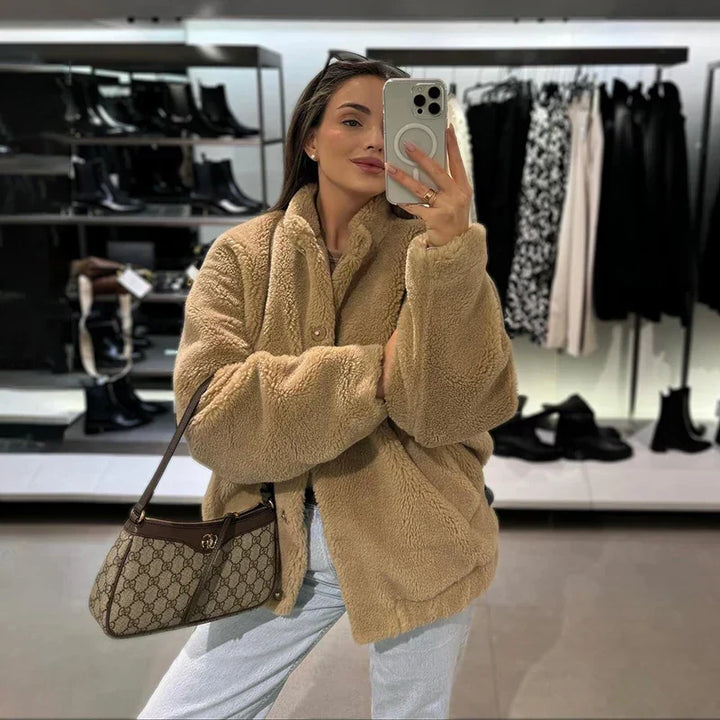 Adelaide Teddy Faux Fur Coat with Drop Shoulder Drape for Women - Elena Harper