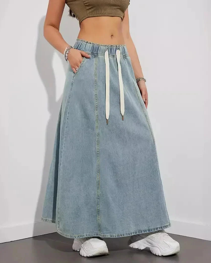 Maxi Skirt for Women with Elastic Waist, Drawstring, and Side Pockets Denim Blend, view 3 - Elena Harper