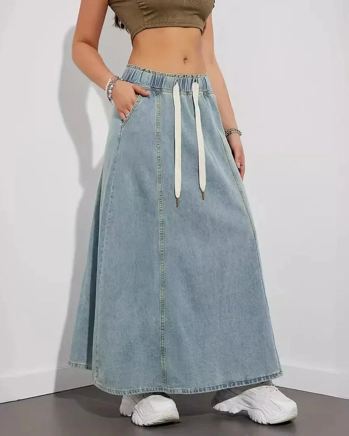 Maxi Skirt for Women with Elastic Waist, Drawstring, and Side Pockets Denim Blend, view 3 - Elena Harper