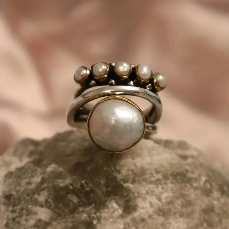 Elegant Silver Pearl Stacking Layered Ring Set - Elena Harper