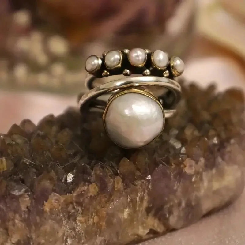 Elegant Silver Pearl Stacking Layered Ring Set - Elena Harper