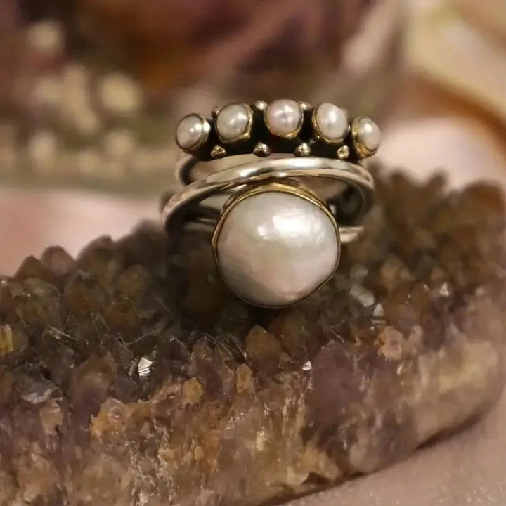 Elegant Silver Pearl Stacking Layered Ring Set - Elena Harper