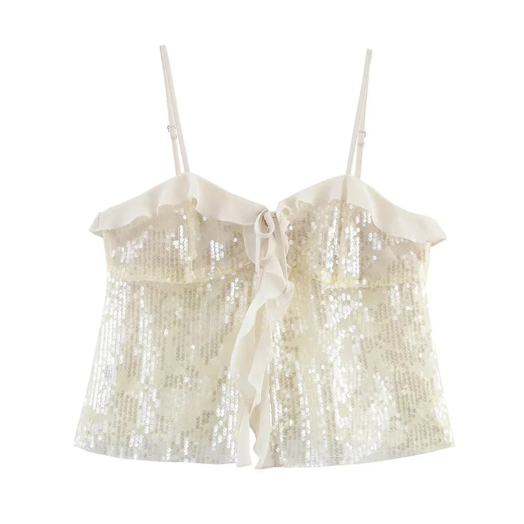 Festive Sequin Women's Top with Bow Closure and Ruffles